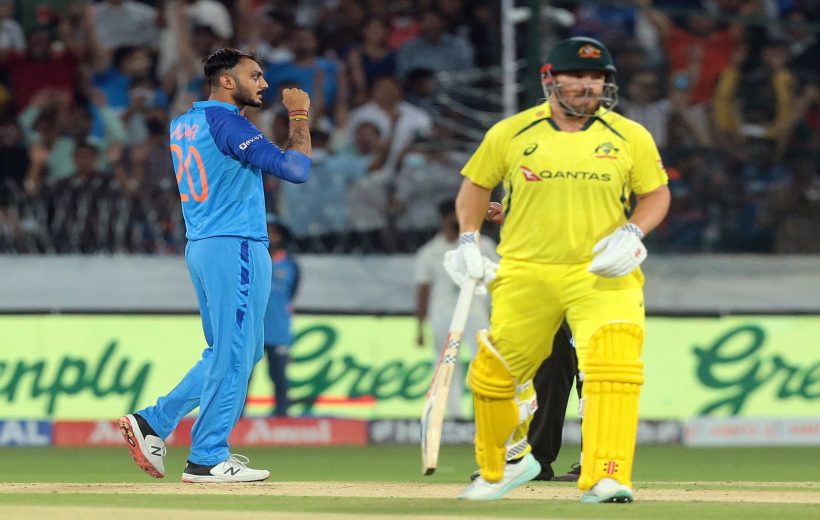 Indian bowler Axar Patel celebrates Australian captain Aaron Finch's wicket during the third T20 cricket match between India and Australia at Rajiv Gandhi International Stadium in Hyderabad