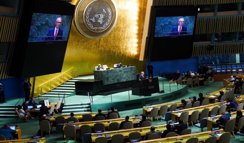 Csaba Korosi (at the podium and on the screens), president of the 77th session of the UN General Assembly, speaks at the first plenary of the 77th session of the General Assembly at the UN headquarters in New York,