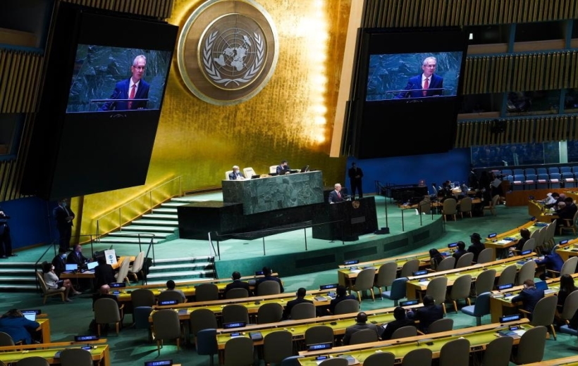 Csaba Korosi (at the podium and on the screens), president of the 77th session of the UN General Assembly, speaks at the first plenary of the 77th session of the General Assembly at the UN headquarters in New York,