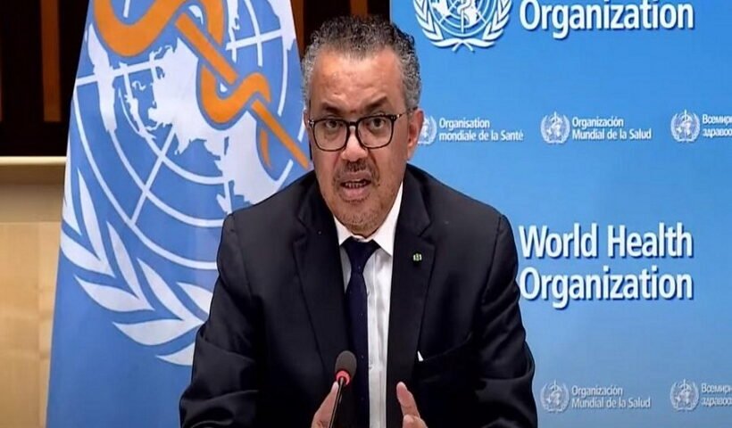 The video screenshot taken on May 7, 2021 shows World Health Organization (WHO) Director General Tedros Adhanom Ghebreyesus attending a press briefing in Geneva, Switzerland.