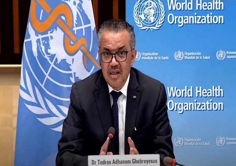 The video screenshot taken on May 7, 2021 shows World Health Organization (WHO) Director General Tedros Adhanom Ghebreyesus attending a press briefing in Geneva, Switzerland.