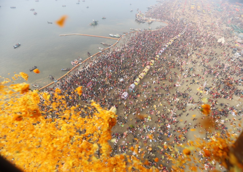 Flowers showered by helicopter on devotees on Mauni Amavasya Snan festival at Magh Mela in Prayagraj.