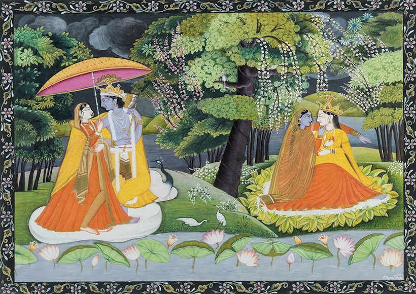 Dhani Ram, Radha Krishna in Rain, natural pigment on paper.