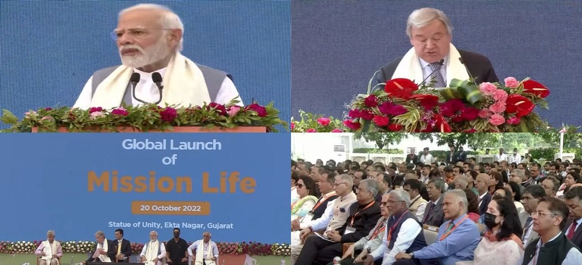 Prime Minister Narendra Modi addressing gathering dignitaries at the launch of Mission Life at Statue of Unity