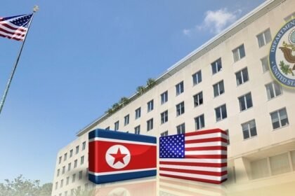 The flags of the United States (R) and North Korea