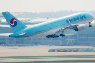 A Korean Air A380 superjumbo jet takes off for New York