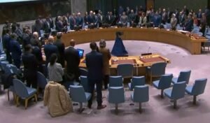 The United Nations Security Council observes a minute of silence before the meeting to honour the memory of victims of terrorism and peacekeepers who died in UN operations