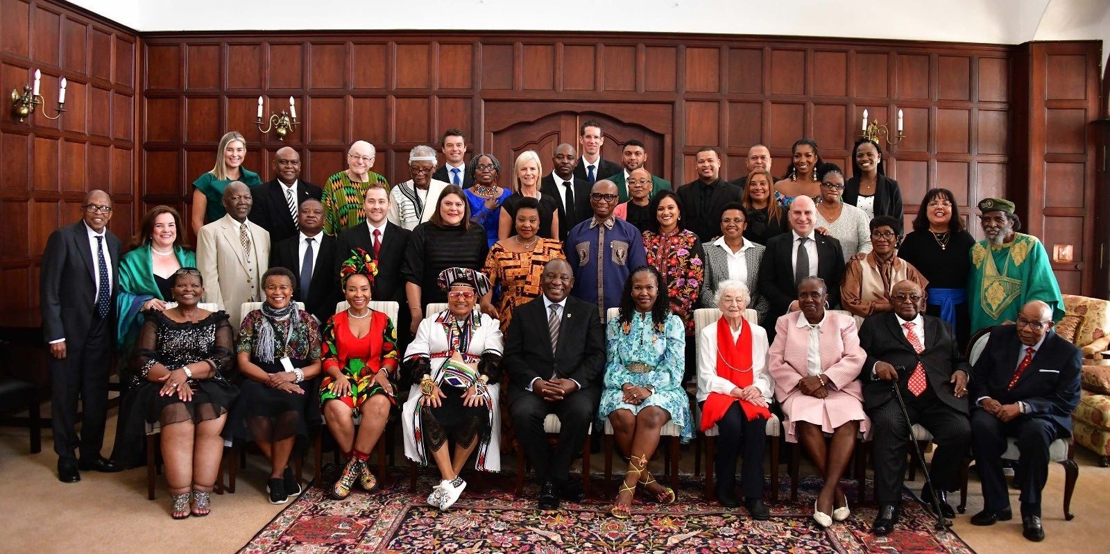 South African President Cyril Ramaphosa with the 2023 recipients of National Orders at the Sefako Makgatho Presidential Guest House in Tshwane