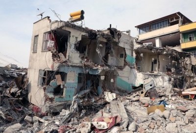 Damaged buildings in the quake-hit city of Kahramanmaras, Turkey