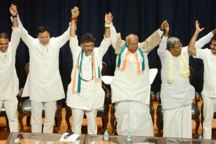 Congress President Mallikarjun Kharge with senior party leaders during celebrations after the party's win