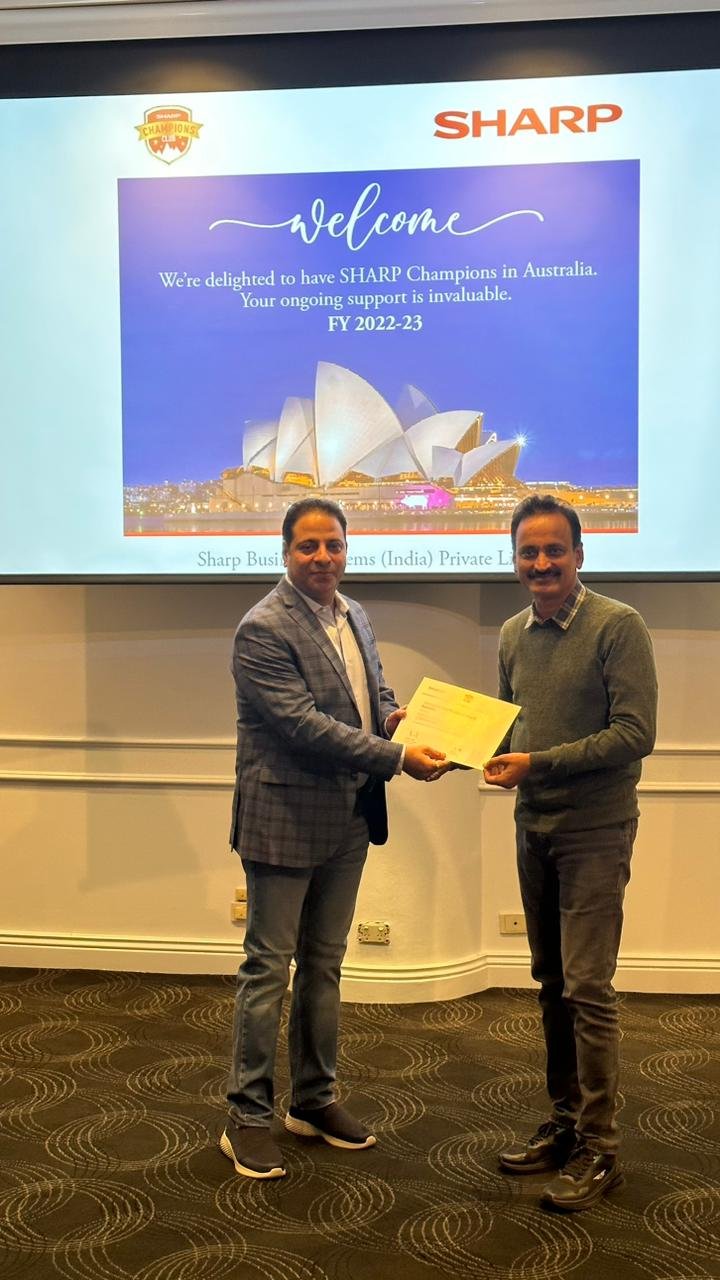 Regional Champion award is being given for achieving business target in a financial year by the OEM Sharp, a Japanese company at Sydney, Australia